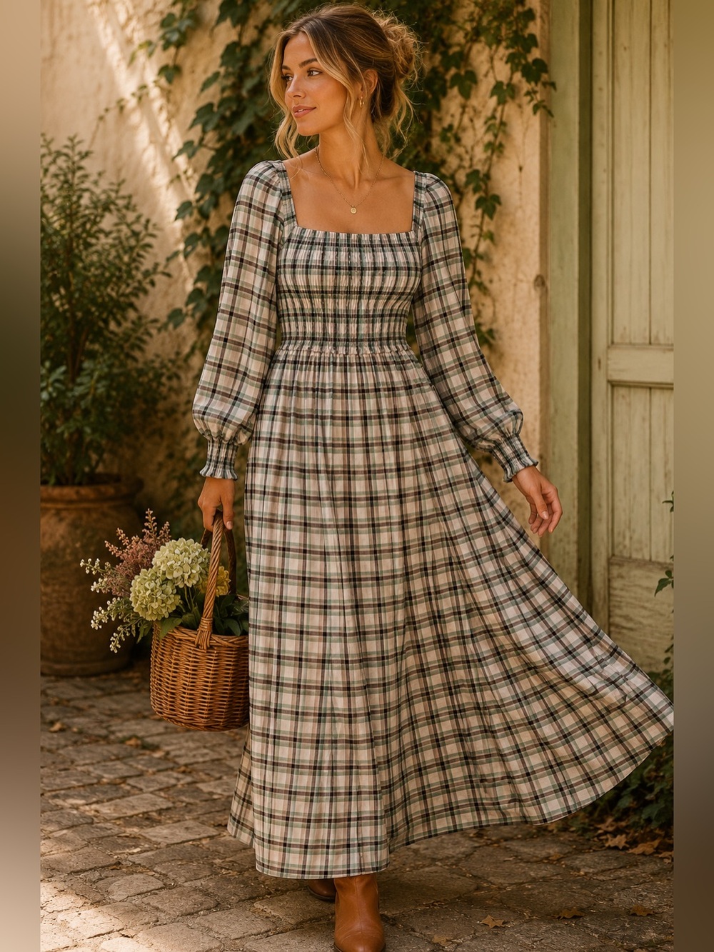 Anthropologie Smocked Plaid Maxi Dress XS Cottagecore Prairie